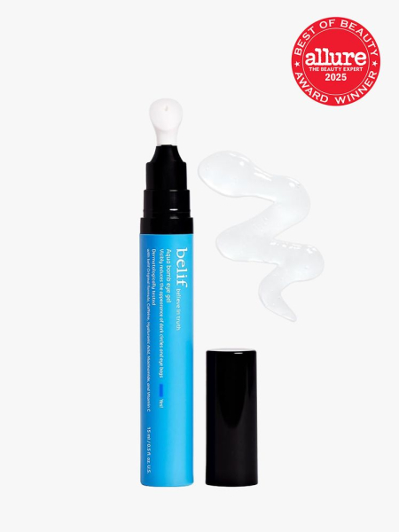 belif Aqua Bomb Cooling Eye Gel in branded component on a light gray background with best of beauty 2025 seal in the top right corner