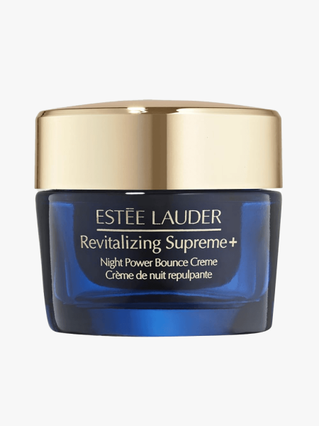 Estée Lauder Revitalizing Supreme+ Night Power Bounce Cream in branded tub component on a light gray background