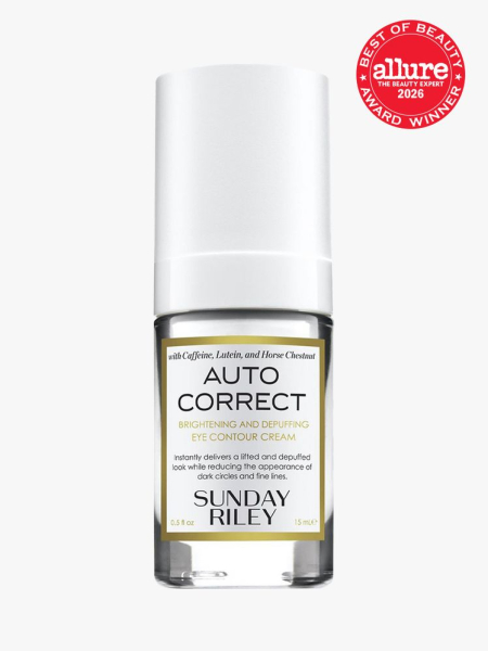 Sunday Riley Auto Correct Brightening + Depuffing Eye Cream in branded component on a light gray background with the 2026 best of beauty seal in the top right corner