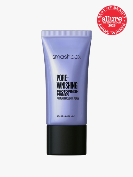 Smashbox Photo Finish Pore Vanishing Primer purple tube on light gray background with red Allure Best of Beauty seal in the top right corner
