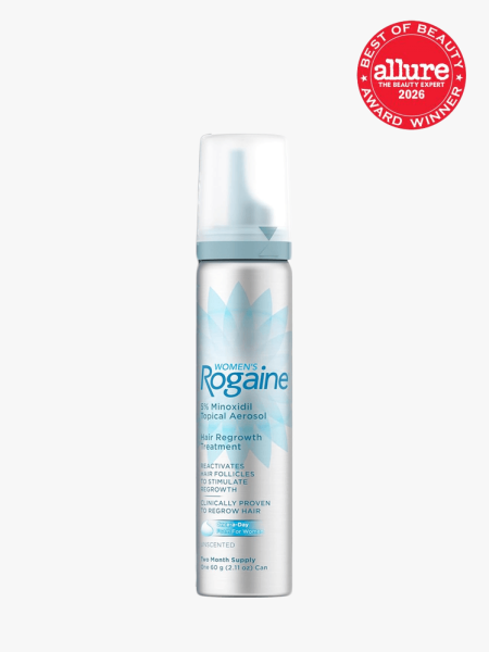 Women's Rogaine 5% Minoxidil Topical Foam in branded component on a light gray background with 2026 BoB seal in the top right corner