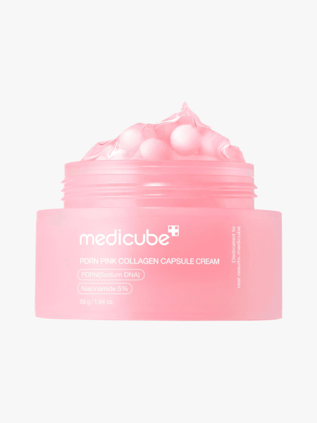 Medicube PDRN Pink Collagen Capsule Cream in branded tub component on a light gray background